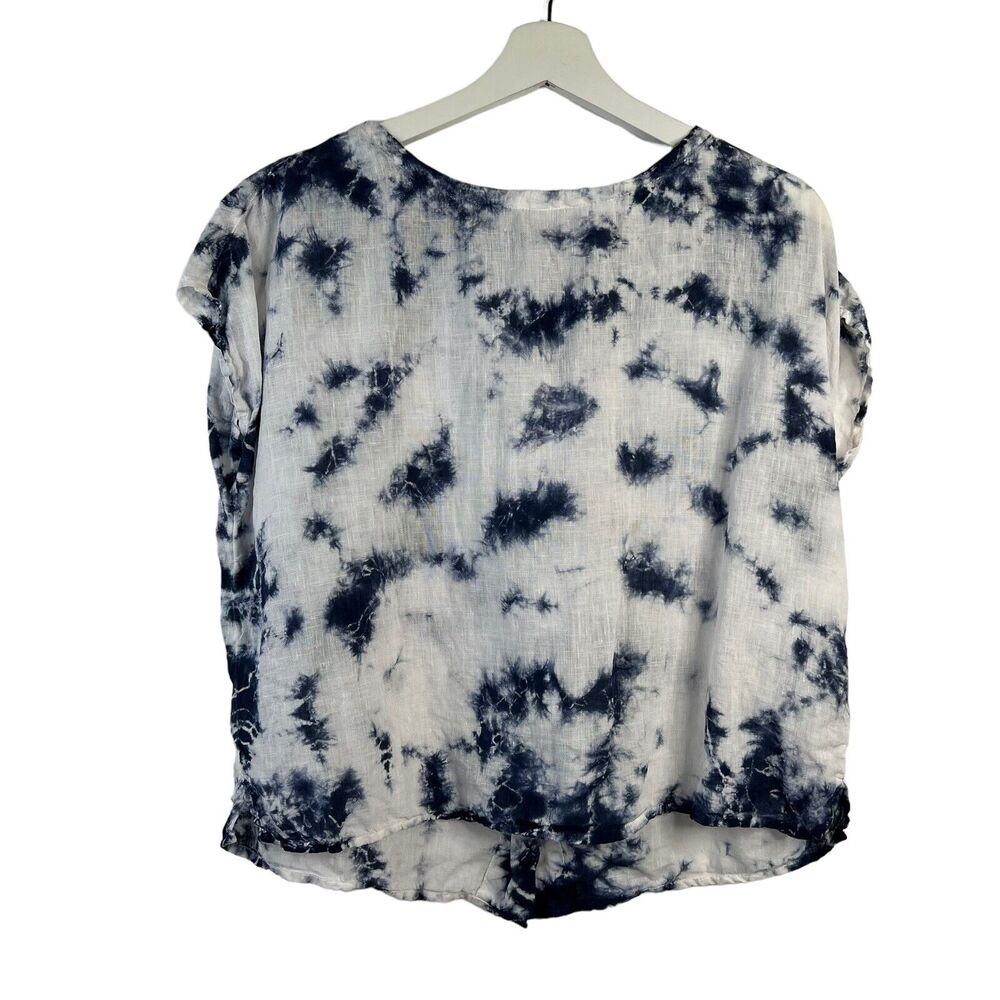 Rachel Zoe Size S Top Linen Back Button Detail Blouse Short Sleeve Tie Dye Blue